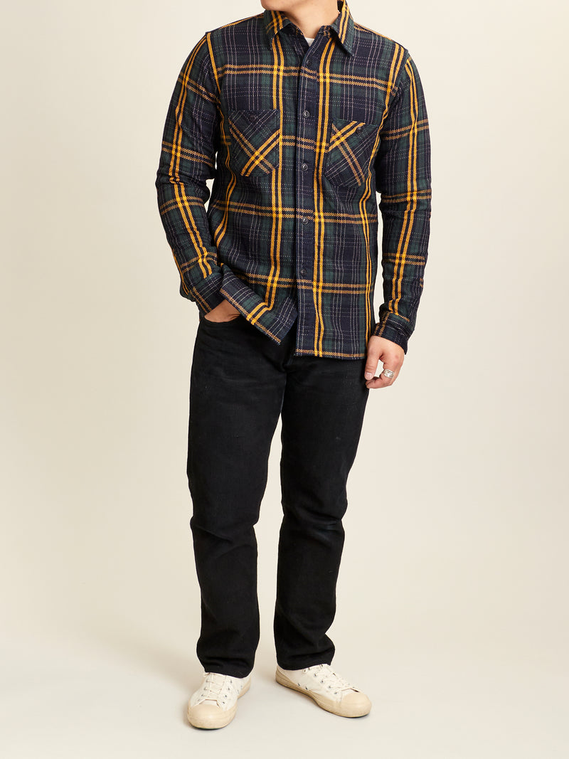 SIN22-01W Rope Dyed Flannel Shirt in Indigo/Green