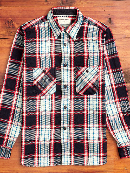 SIN22-01W Rope Dyed Flannel Shirt in Indigo/Red