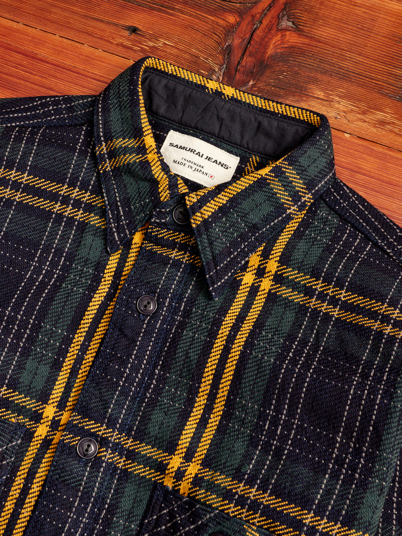 SIN22-01W Rope Dyed Flannel Shirt in Indigo/Green