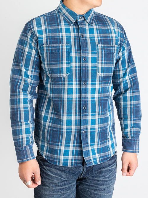 730WS Heavy Washed Flannel Shirt in Blue Check