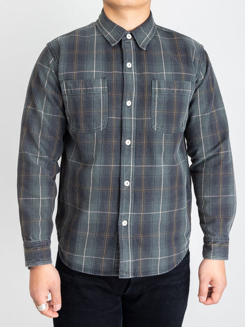 730WS Heavy Washed Flannel Shirt in Olive Check