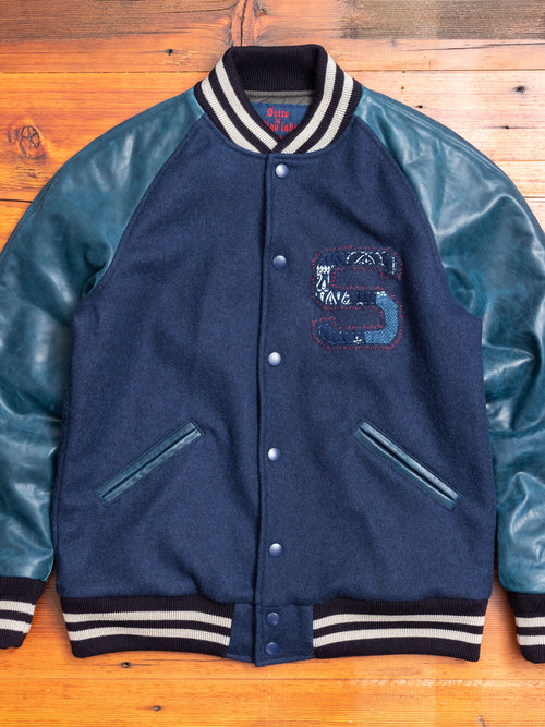 Wool Varsity Jacket in Indigo